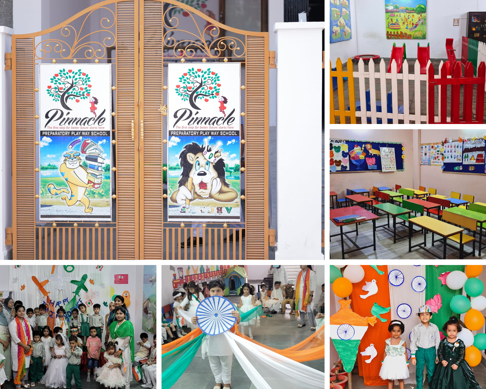 Entrance gate of Pinnacle Preparatory Playway School, colorful classrooms, play area, and children celebrating national events